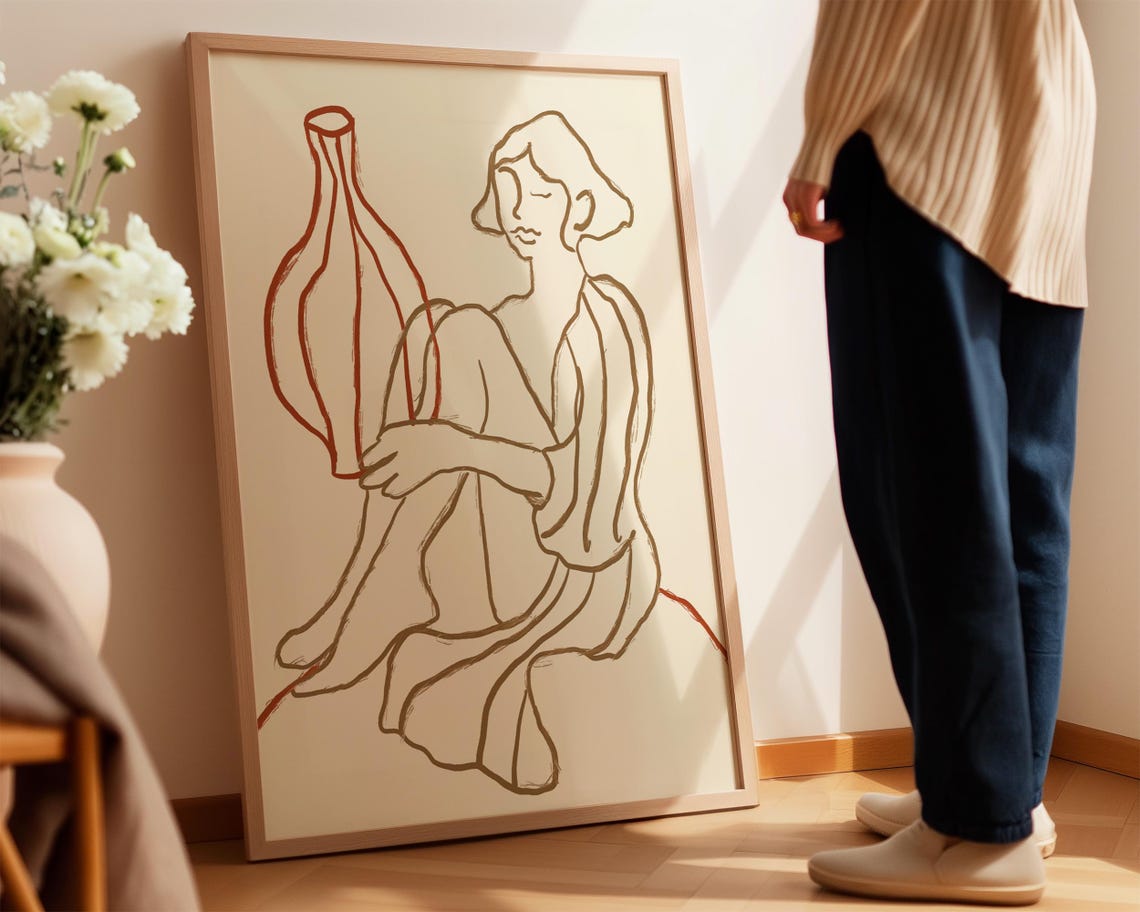 Boho Seated Female Figure Line Drawing Terracotta Vase Art Poster - Image 2