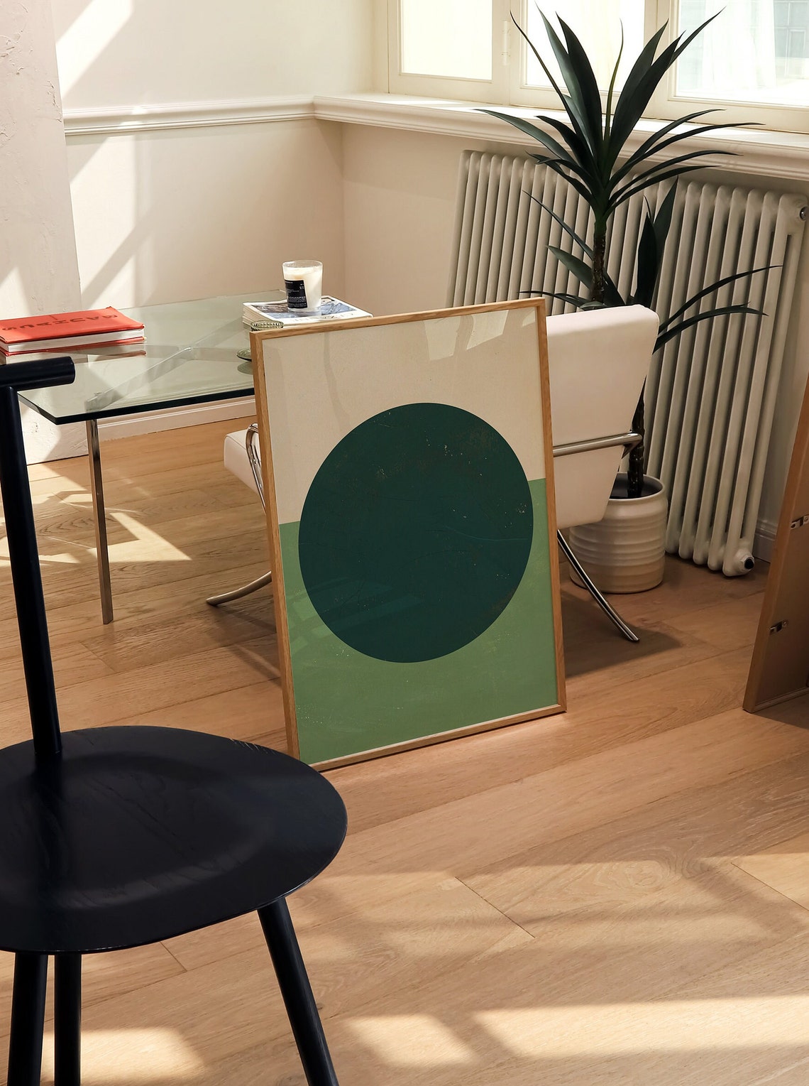 Large Dark Green Circle On Sage Minimalist Mid Century Art Poster - Image 2