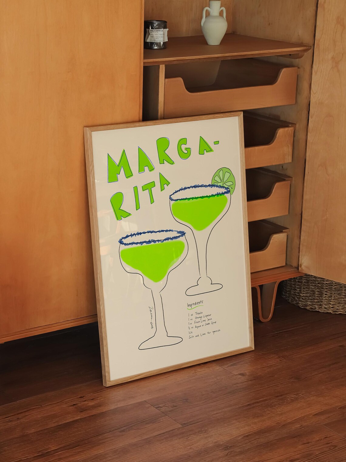 Margarita Recipe With Two Green Salt Rim Cocktail Glasses Poster - Image 3