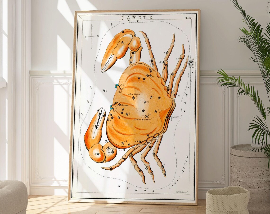 Cancer Zodiac Constellation Crab Vintage Celestial Star Chart Print