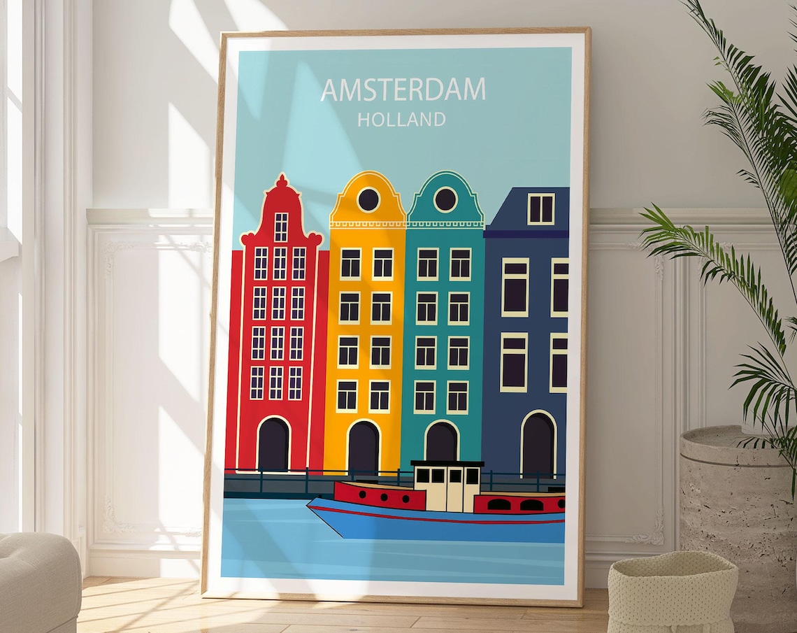Amsterdam Holland Canal Houses Colourful Gabled Homes Boat Wall Art