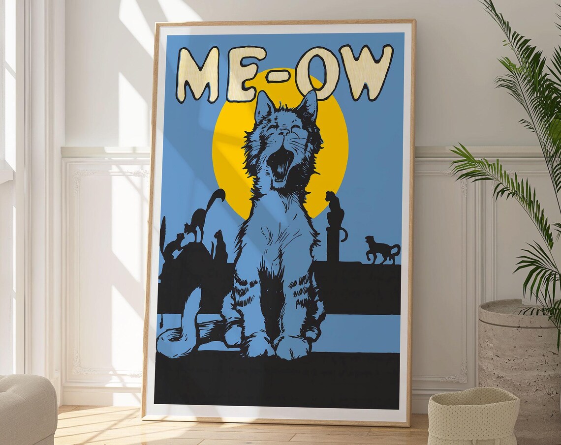 Me Ow Funny Blue Cat Pop Art Kitten Silhouette Humorous Wall Poster