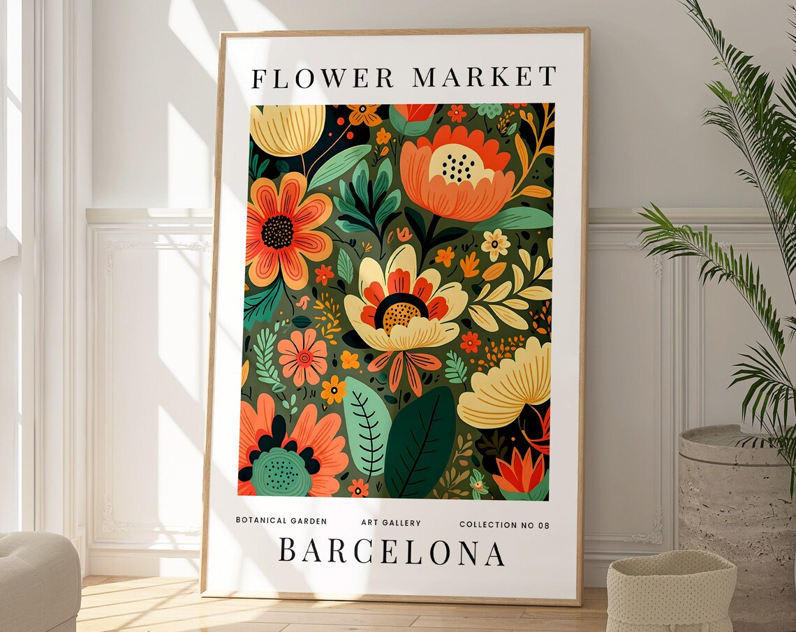 Flower Market Barcelona Orange Blossoms Dark Green Botanical Print