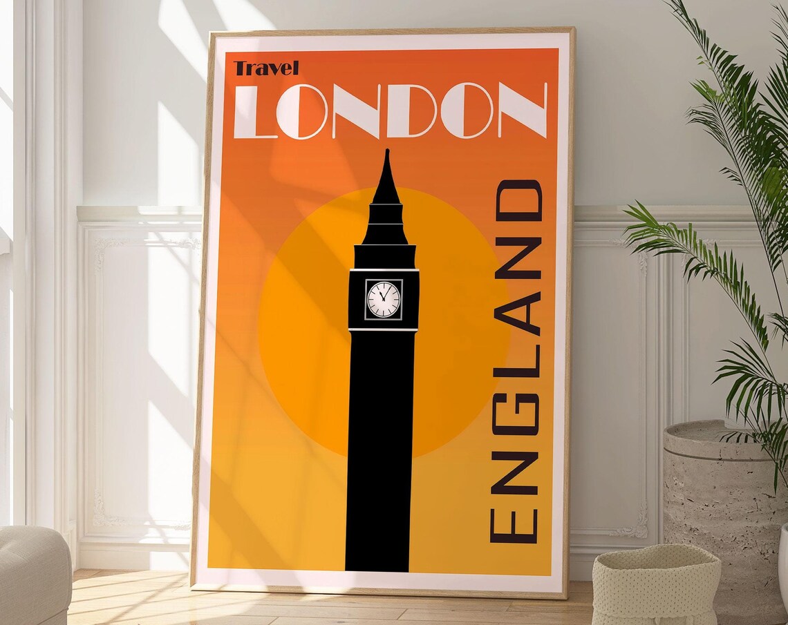 Travel London England Big Ben Orange Sunset Retro Capital Poster