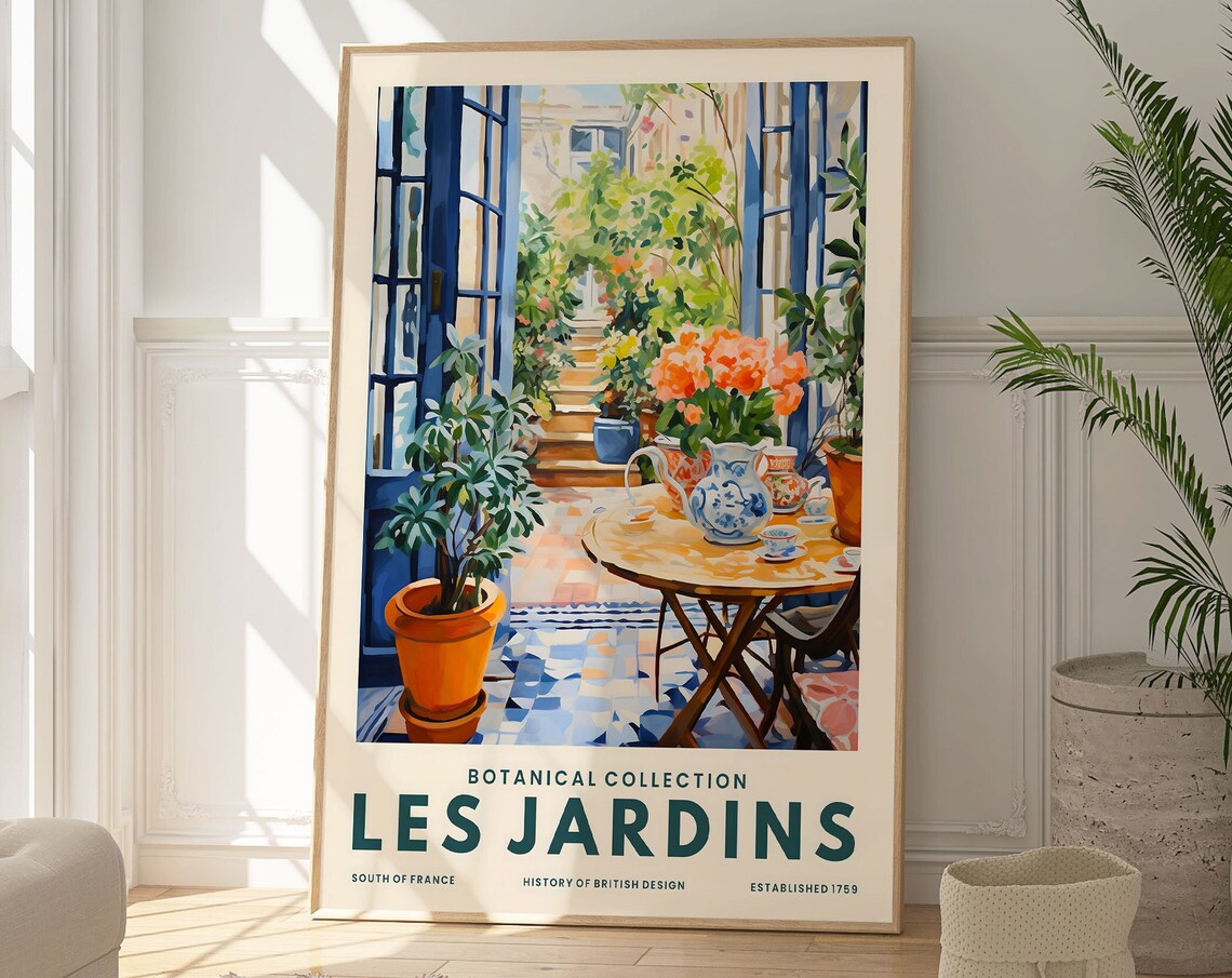 Les Jardins South Of France Courtyard Tea Table Floral Art Poster