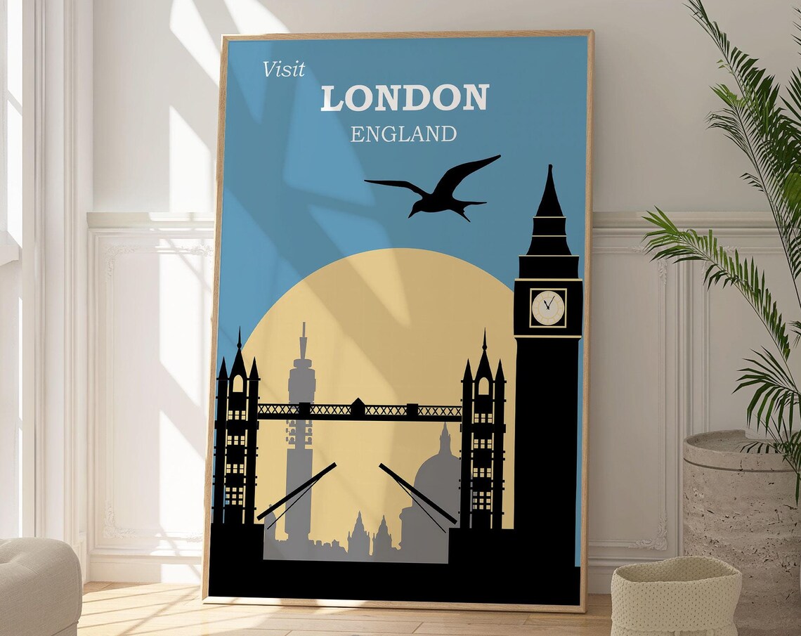 Visit London England Tower Bridge Big Ben Sunset Silhouette Poster