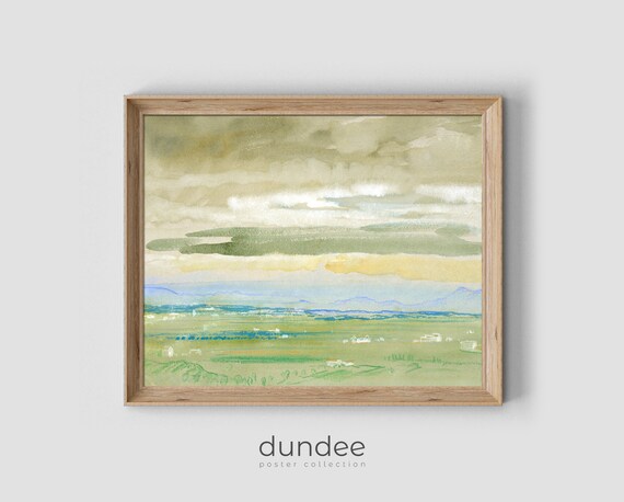 Green Pastoral Fields Soft Clouds Watercolor Vintage Landscape Poster