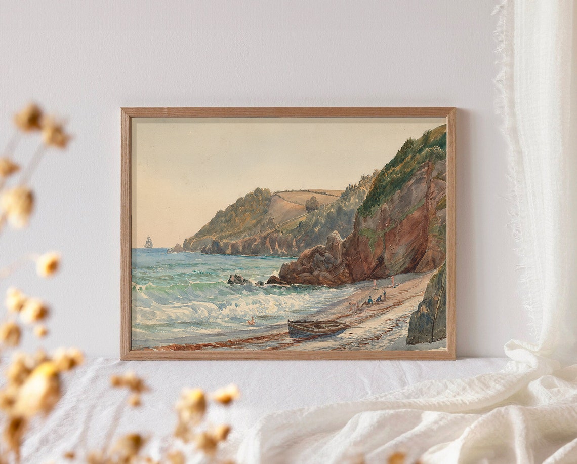 Cliff Coast Beach Waves Sailor Boat Vintage Seaside Painting Poster - Image 4