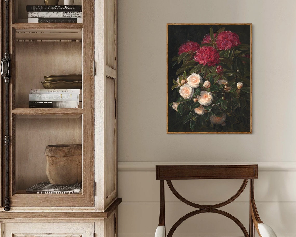 Crimson and White Camellias on Dark Background Botanical Poster - Image 3