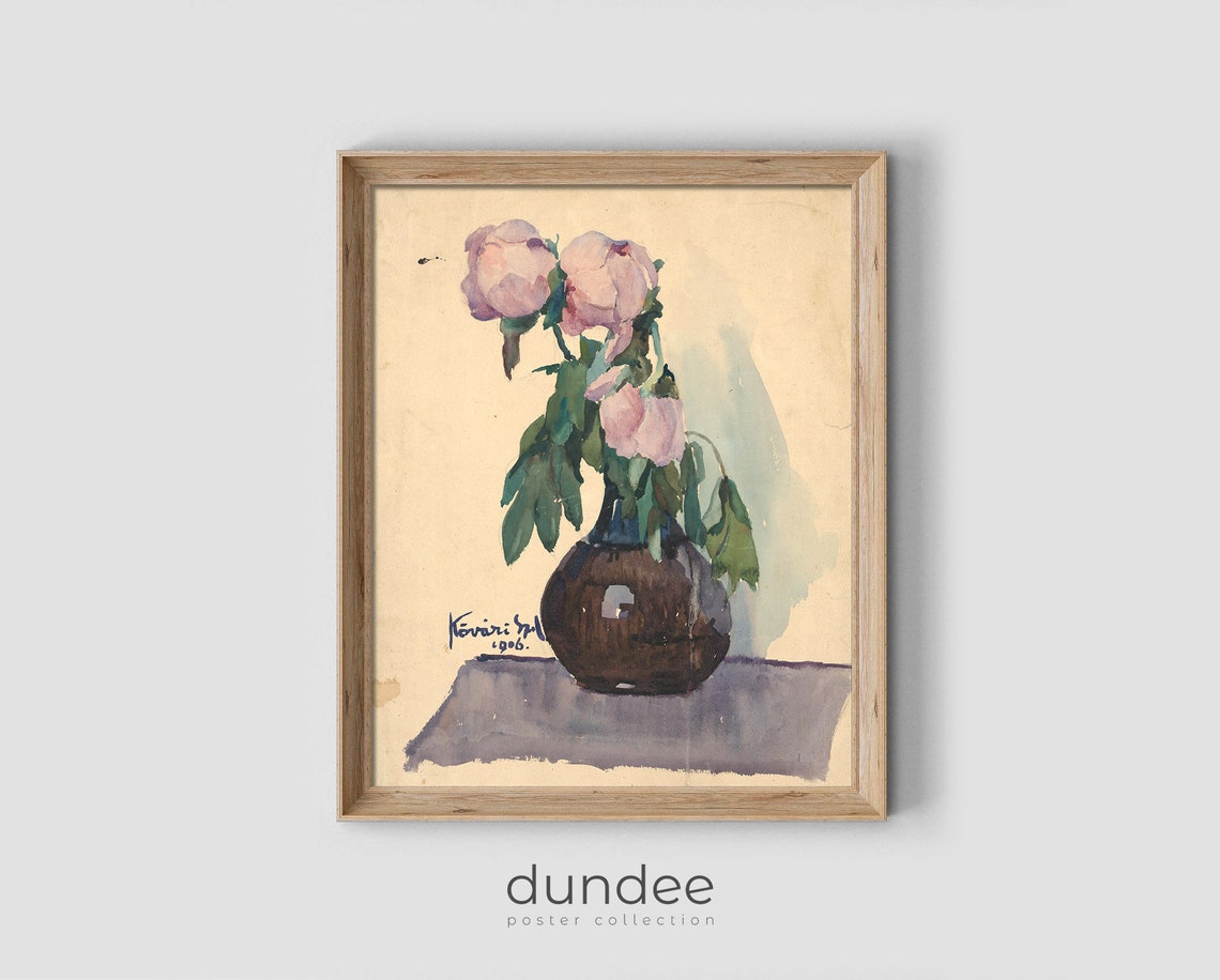 Blush Pink Roses in Dark Vase Vintage Floral Still Life Poster
