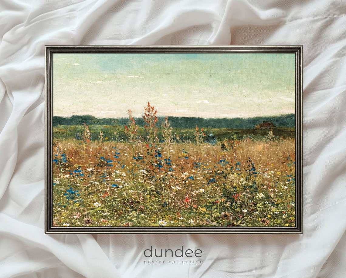 Wildflowers Painting Vintage Landscape Print Vintage Print Country Landscape Painting Farmhouse Decor