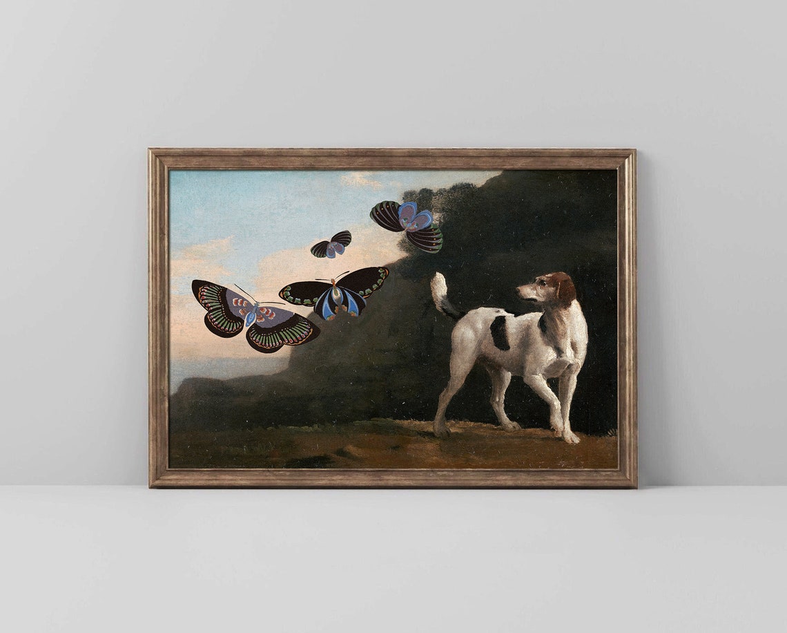 White Dog Giant Butterflies Whimsical Collage Surreal Art Poster - Image 3