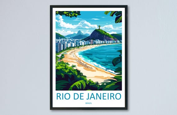 Rio De Janeiro Travel Poster Brazil Wall Art Cityscape Print Coastal View Illustration Sugarloaf Decor Gift Souvenir Scene