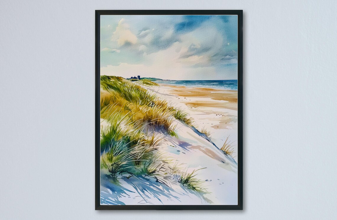 Northumberland Coast England Dunes Beach Castle Watercolor Art Poster