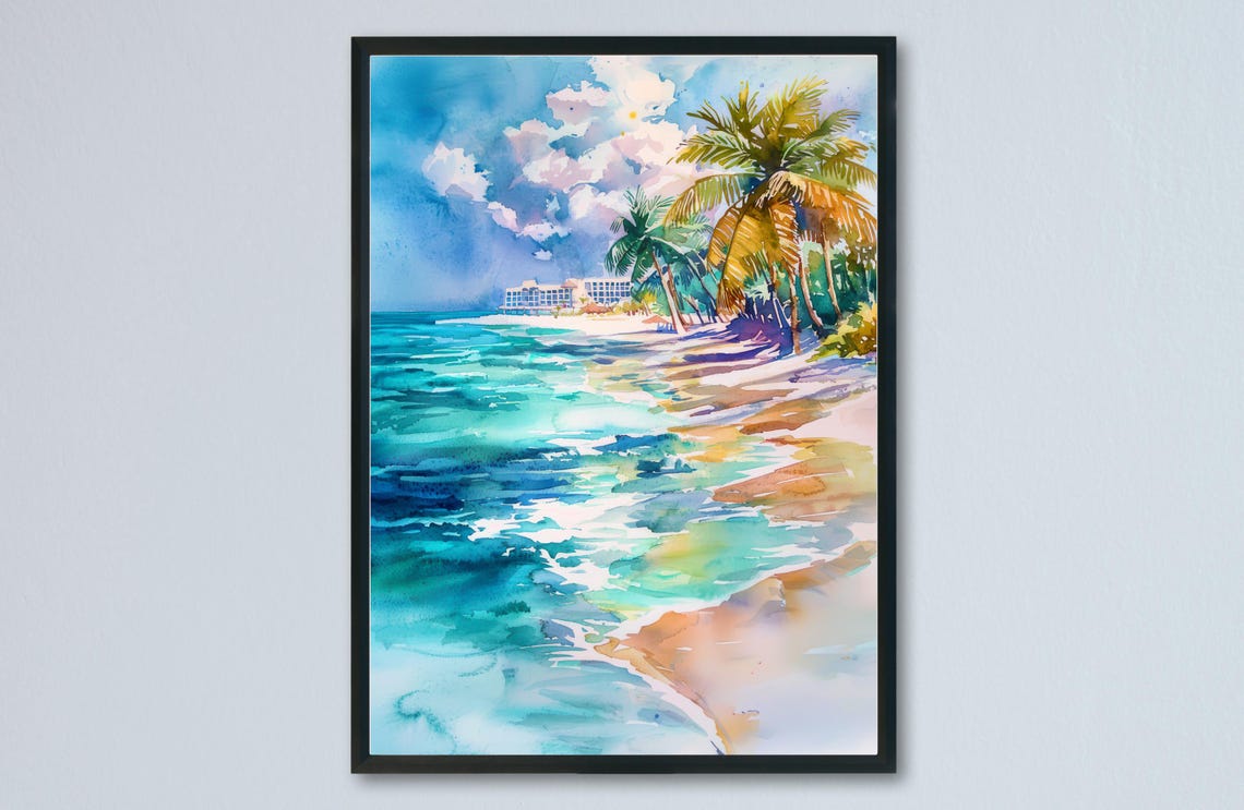 Tropical Beach Resort Scene With Palms and Ocean Waves Poster