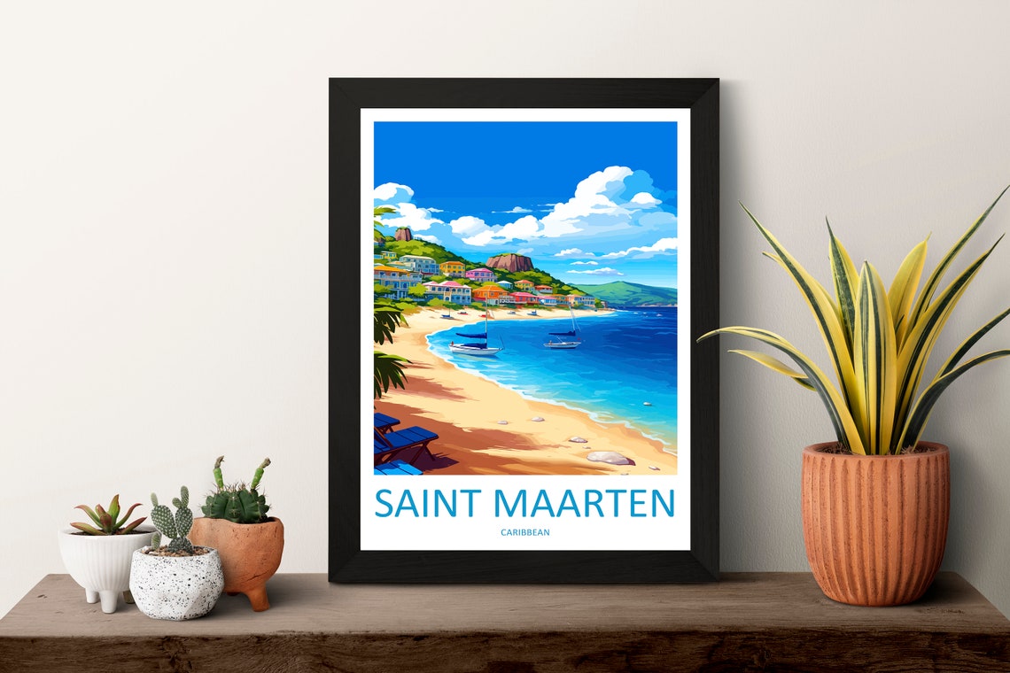 Saint Maarten Caribbean Beach Sailboats And Colorful Hills Poster - Image 3