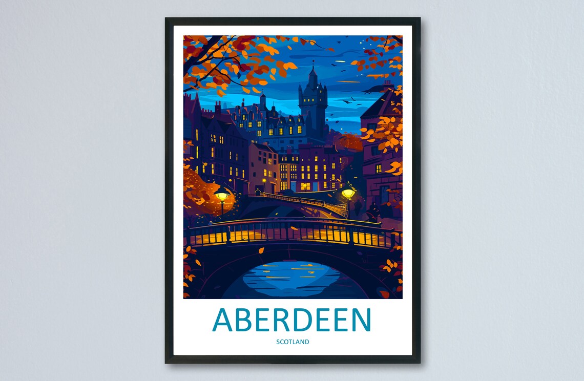 Aberdeen Scotland Night Bridge Autumn Lights City Art Poster