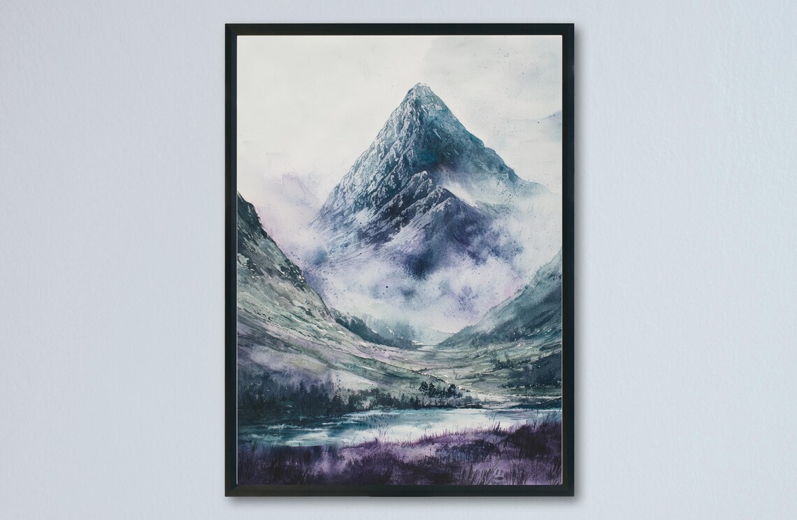Ben Nevis Misty Mountain Peak Moody Purple Scotland Watercolor Poster