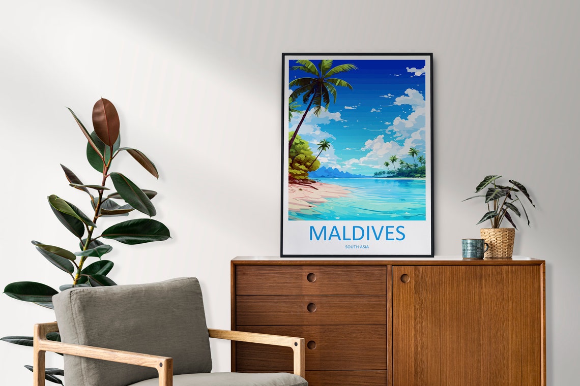 Maldives Tropical Beach Palm Trees Illustration Travel Poster - Image 2
