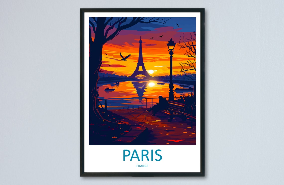 Paris Eiffel Tower Sunset Over the Seine Silhouette Travel Poster