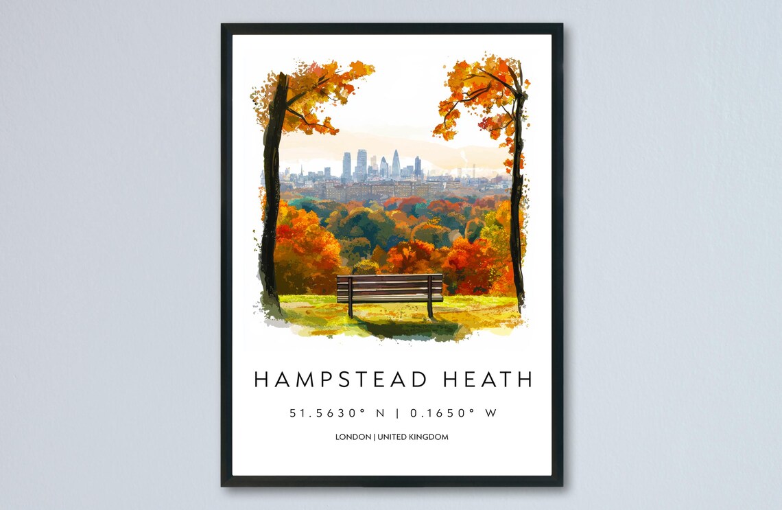 Hampstead Heath Autumn Bench London Skyline Watercolor Poster