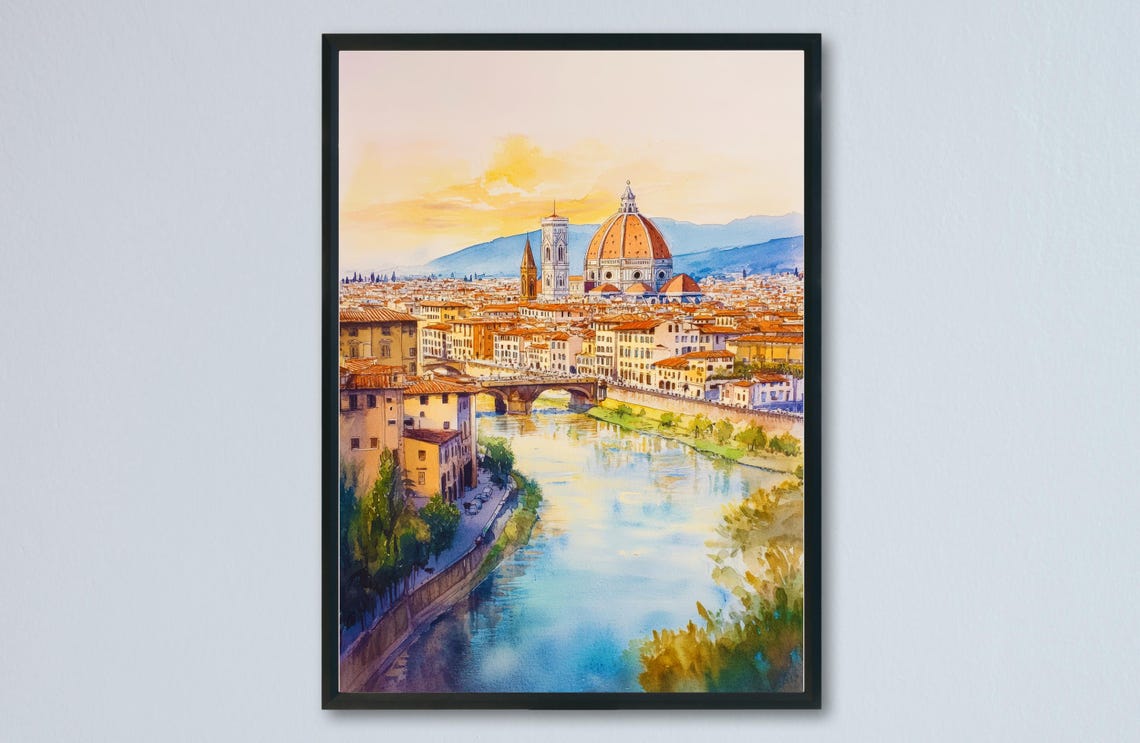 Florence Cathedral Duomo Arno River Sunset Watercolor Poster