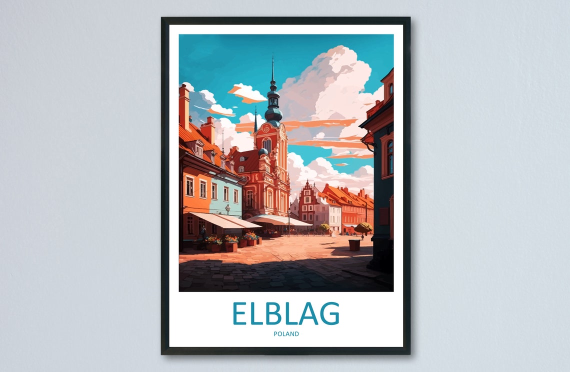 Elblag Poland Old Town Square Church Tower Vintage Travel Poster