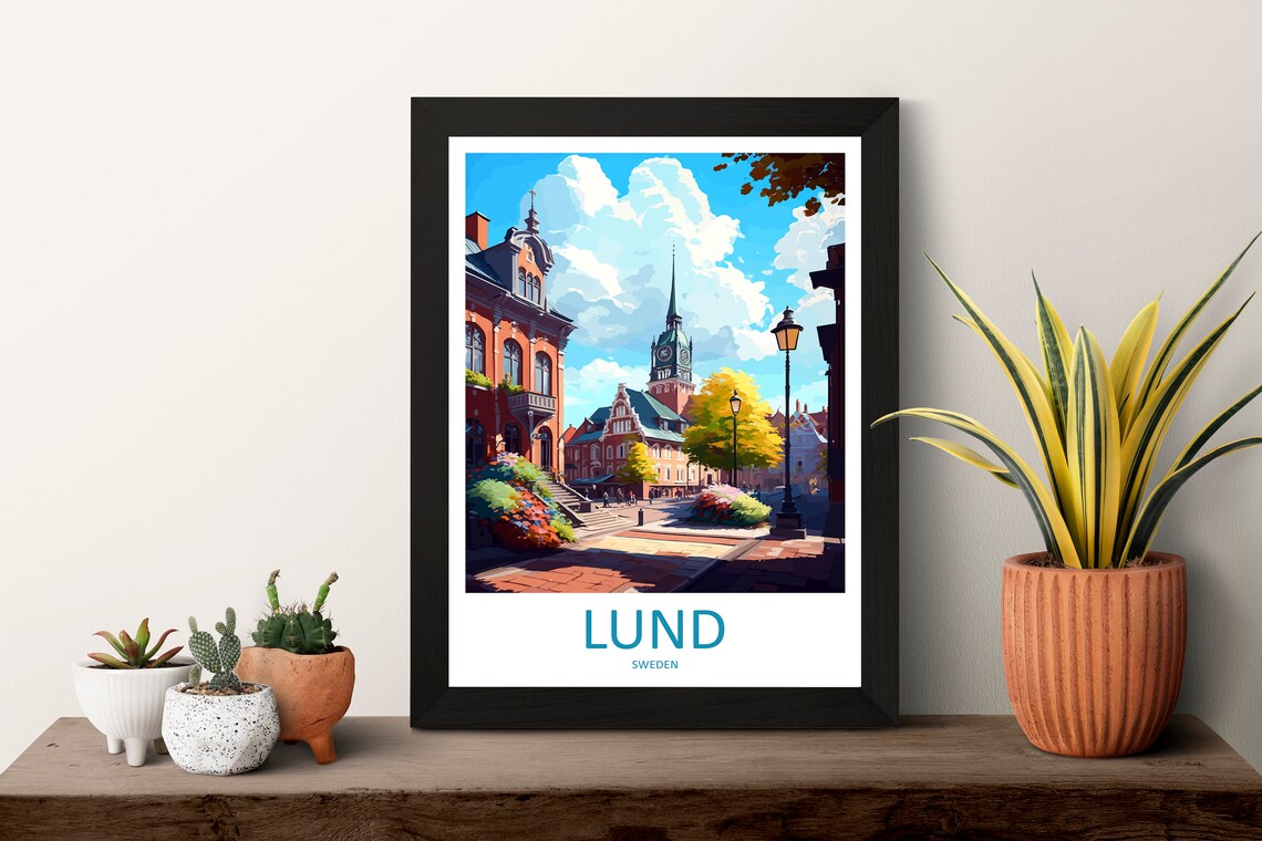 Lund Cathedral Old Town Street Summer Scene Travel Poster Sweden - Image 3
