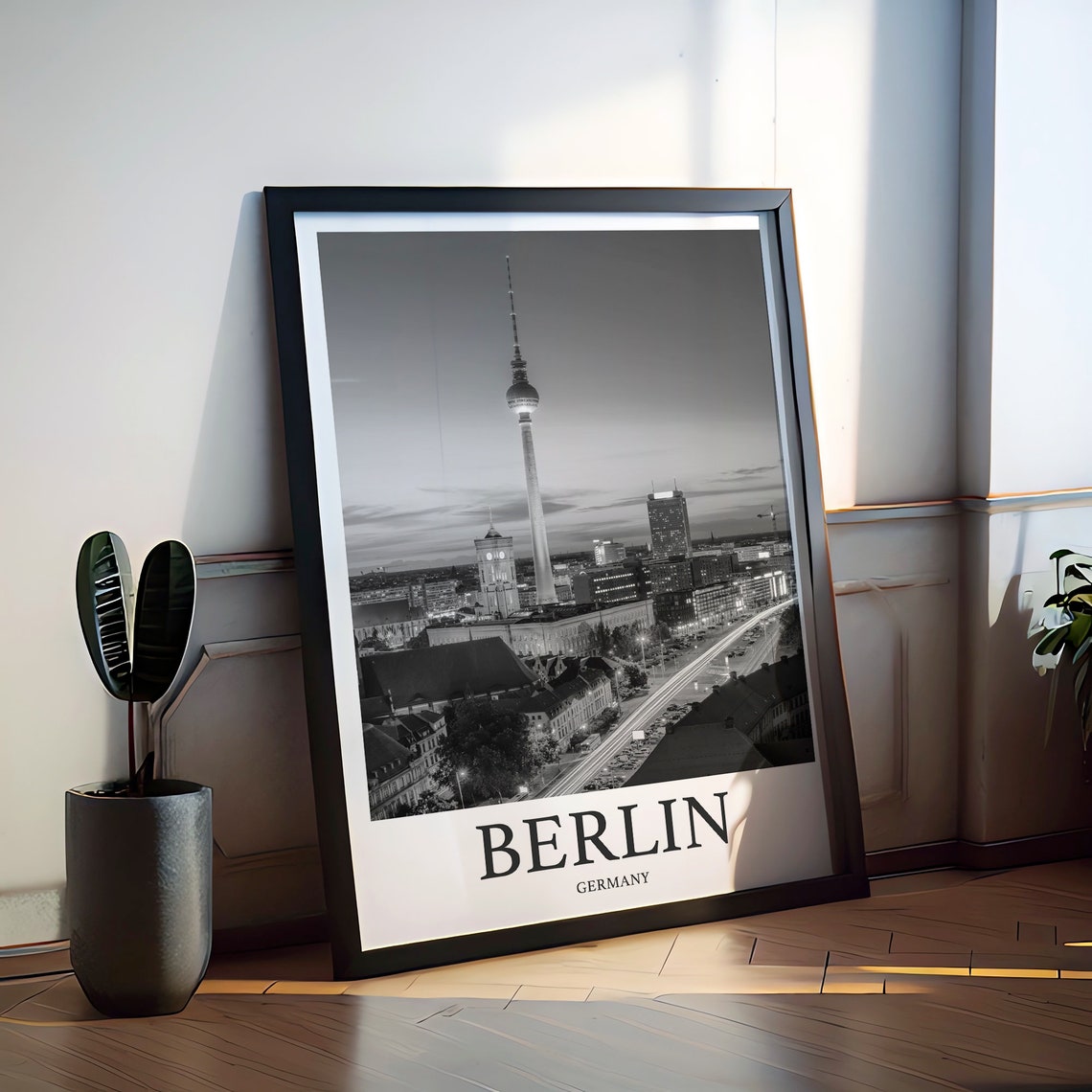 Berlin Germany TV Tower Skyline Dusk Black White Photo Print - Image 2