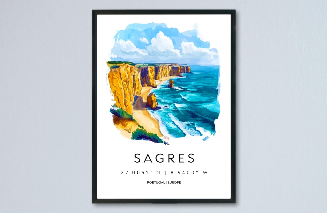 Sagres Portugal Golden Cliffs Watercolor Coastal Travel Poster