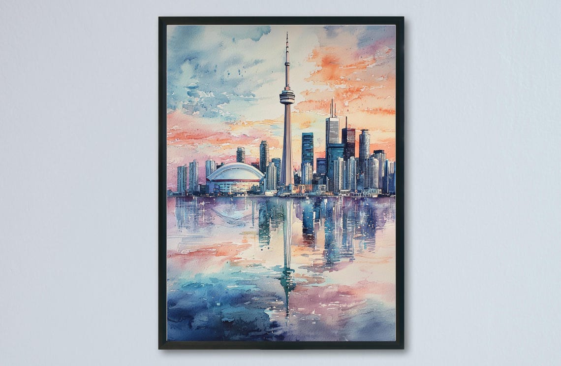 Toronto CN Tower Watercolor Sunset Skyline Reflection Art Poster