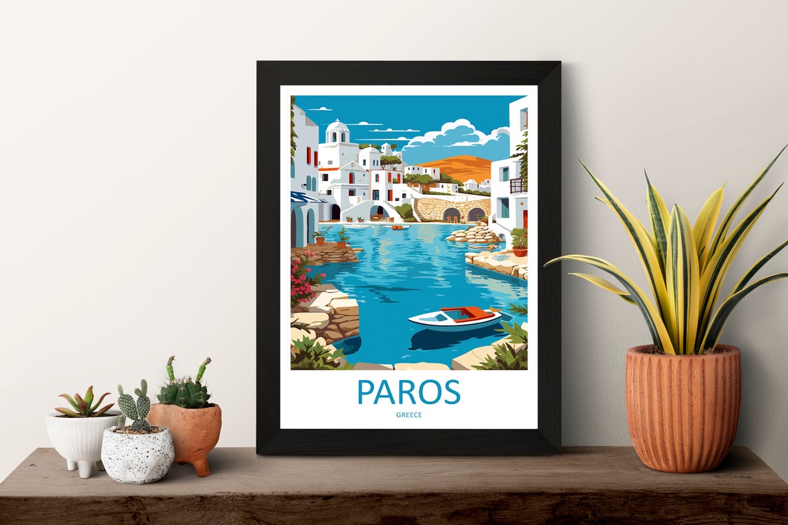 Paros Greece Whitewashed Village Harbor Boats Sunny Scene Poster - Image 3