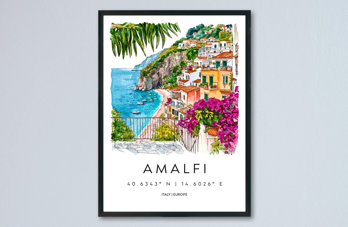 Amalfi Italy Coast Watercolor Poster Cliffside Village Seaside View
