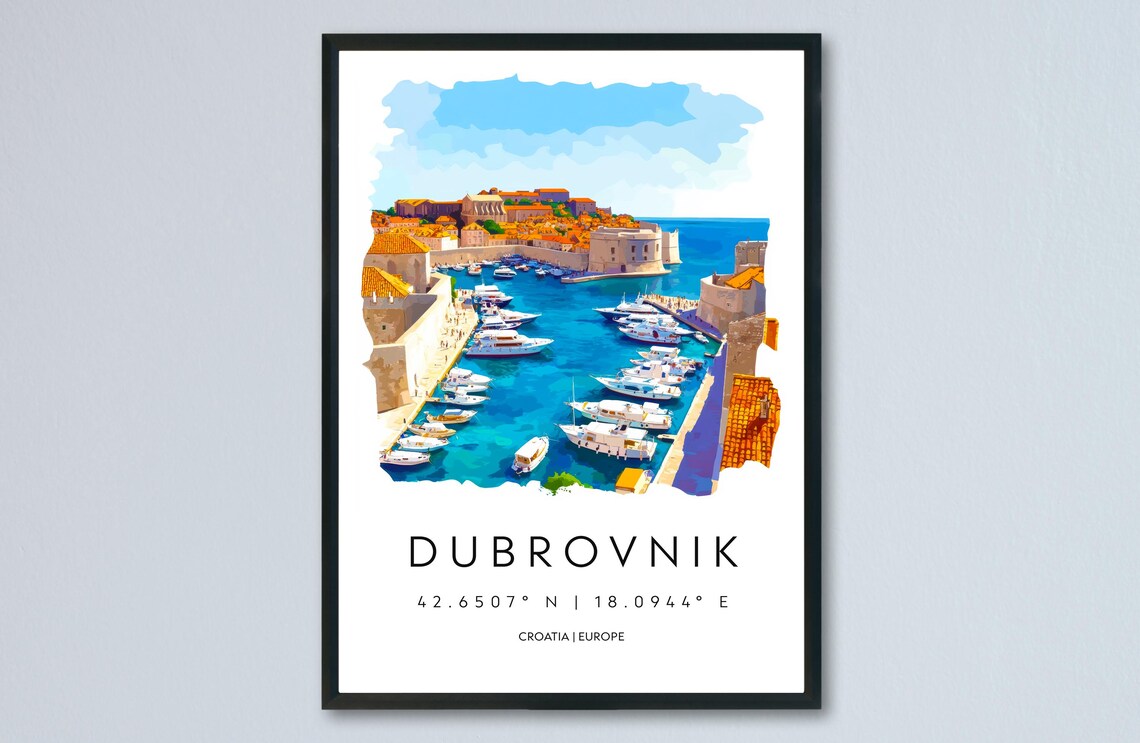 Dubrovnik Old Harbor Boats Croatia Scenic Watercolor Travel Poster