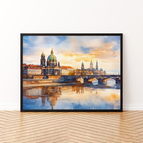 Dresden Germany River Skyline Sunset Watercolor Travel Poster