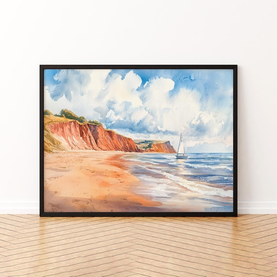 Red Sandstone Cliffs and Sailboat on a Sandy Beach Watercolor Seascape Poster