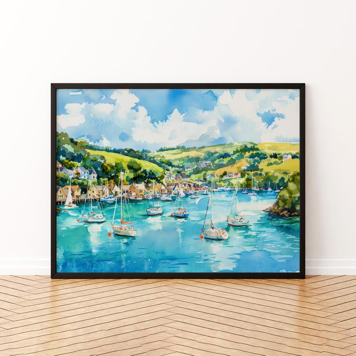 Salcombe Devon Sailing Boats Watercolor Turquoise Bay Hillside Poster