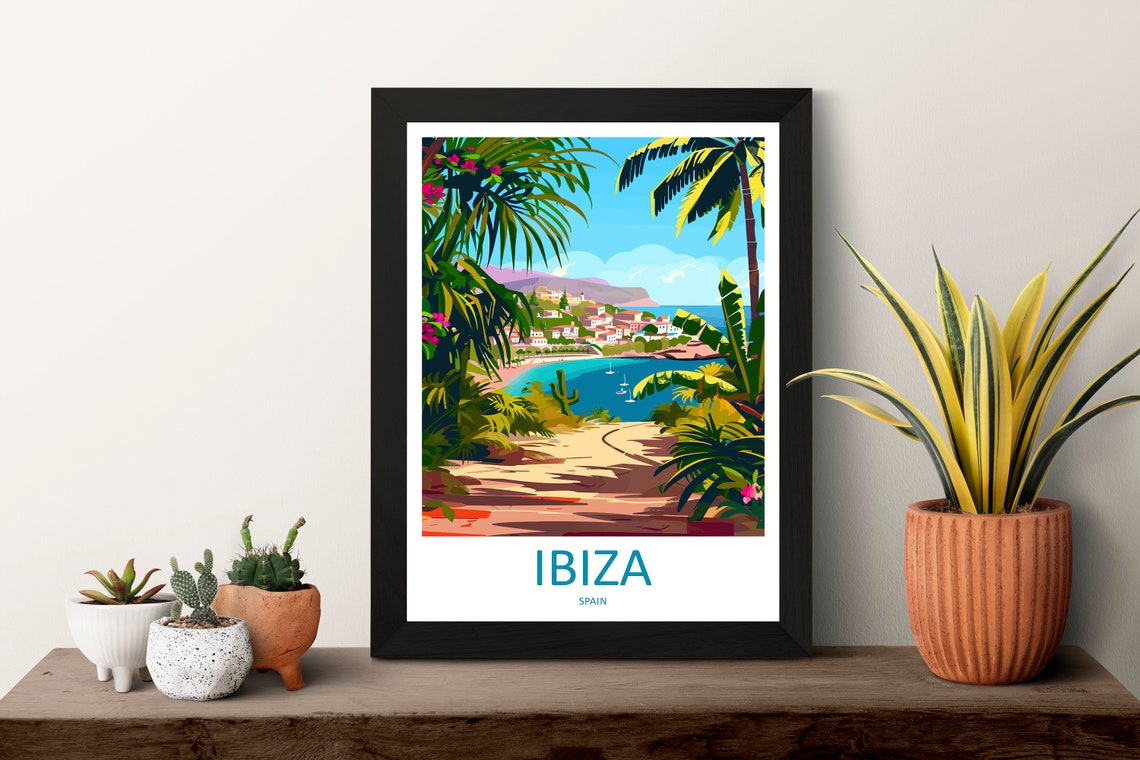 Ibiza Spain Tropical Palm Framed Sailboat Cove Coastal Poster - Image 3