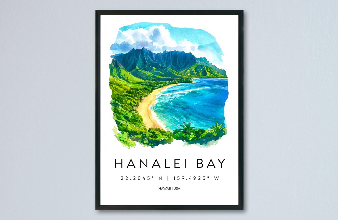 Hanalei Bay Hawaii Crescent Beach Mountains Watercolor Travel Poster