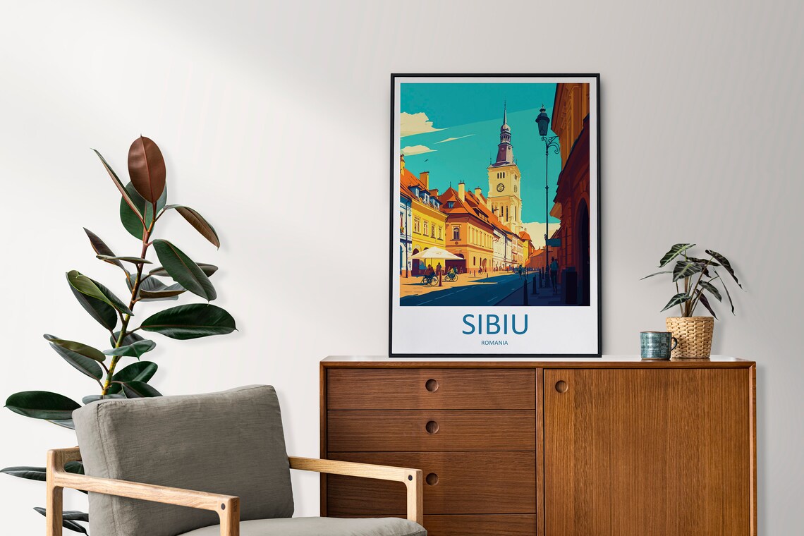 Sibiu Romania Old Town Church Tower Historic Street Travel Poster - Image 2