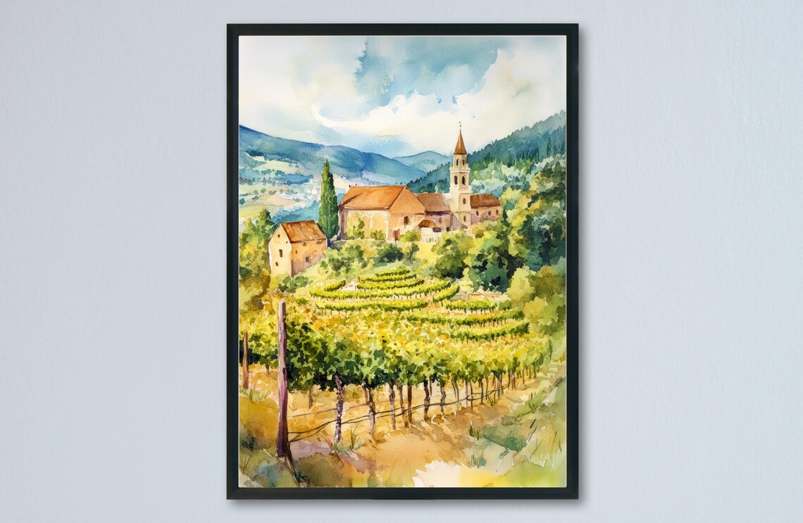 Wachau Valley Terraced Vineyards Village Church Watercolor Poster
