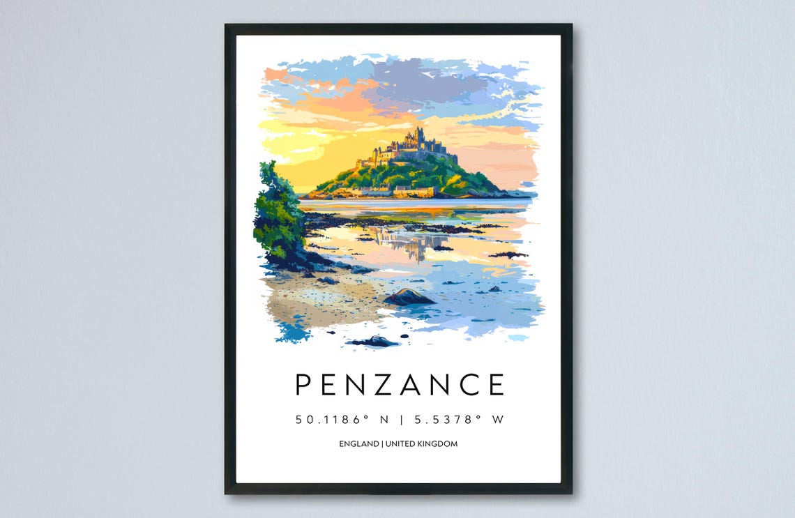 Penzance England Seaside Town Sunset Castle Watercolor Poster