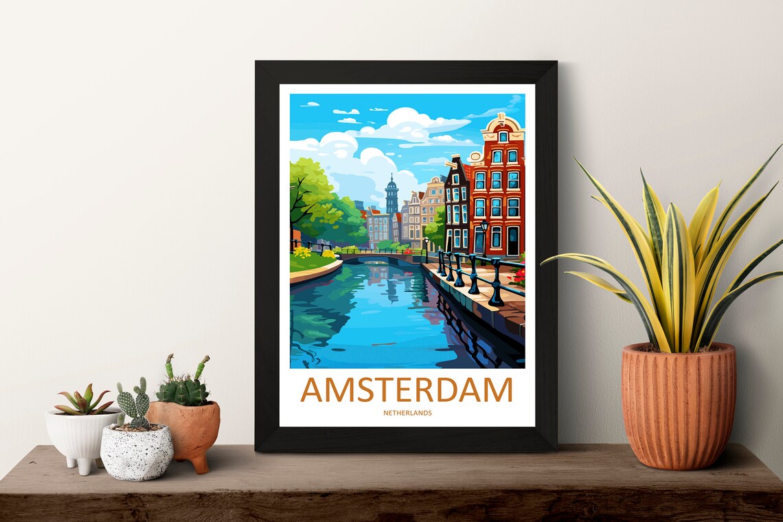 Amsterdam Netherlands Canal Gabled Houses Sunny Day Travel Poster - Image 3