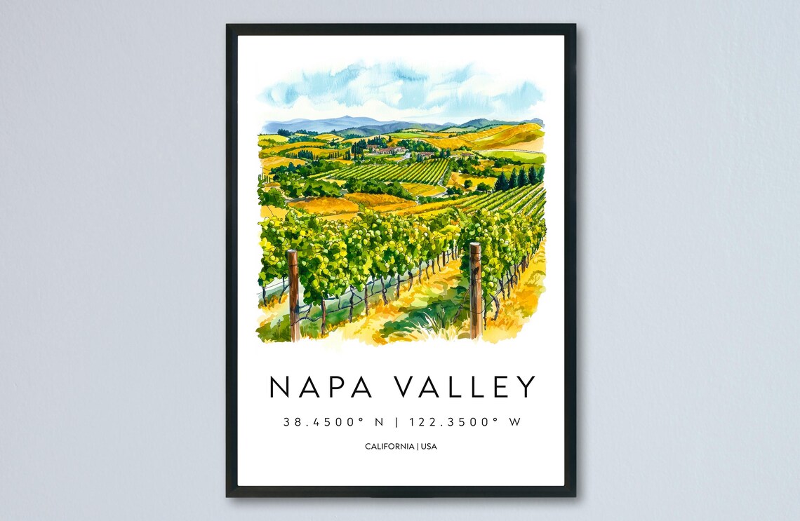 Napa Valley California Vineyard Hills Watercolor Travel Poster