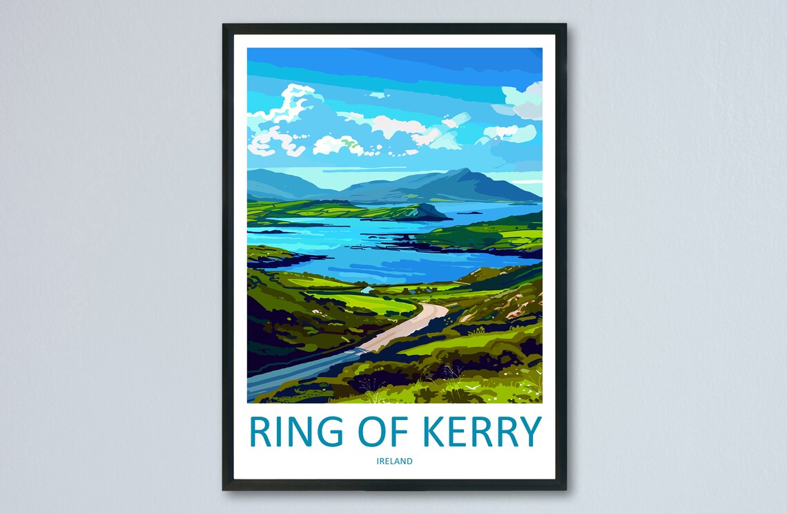 Ring of Kerry Ireland Coastal Green Hills Vintage Travel Poster
