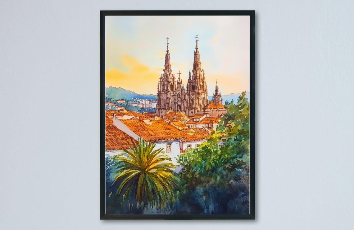 Santiago de Compostela Cathedral Twin Spires Sunset Watercolor Poster