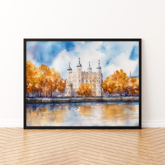 Tower of London Autumn Watercolor Thames Castle Landmark City Poster