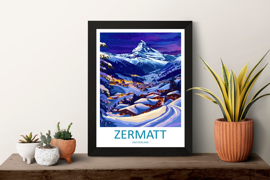 Zermatt Switzerland Night View Matterhorn Lit Village Chalets Poster - Image 3