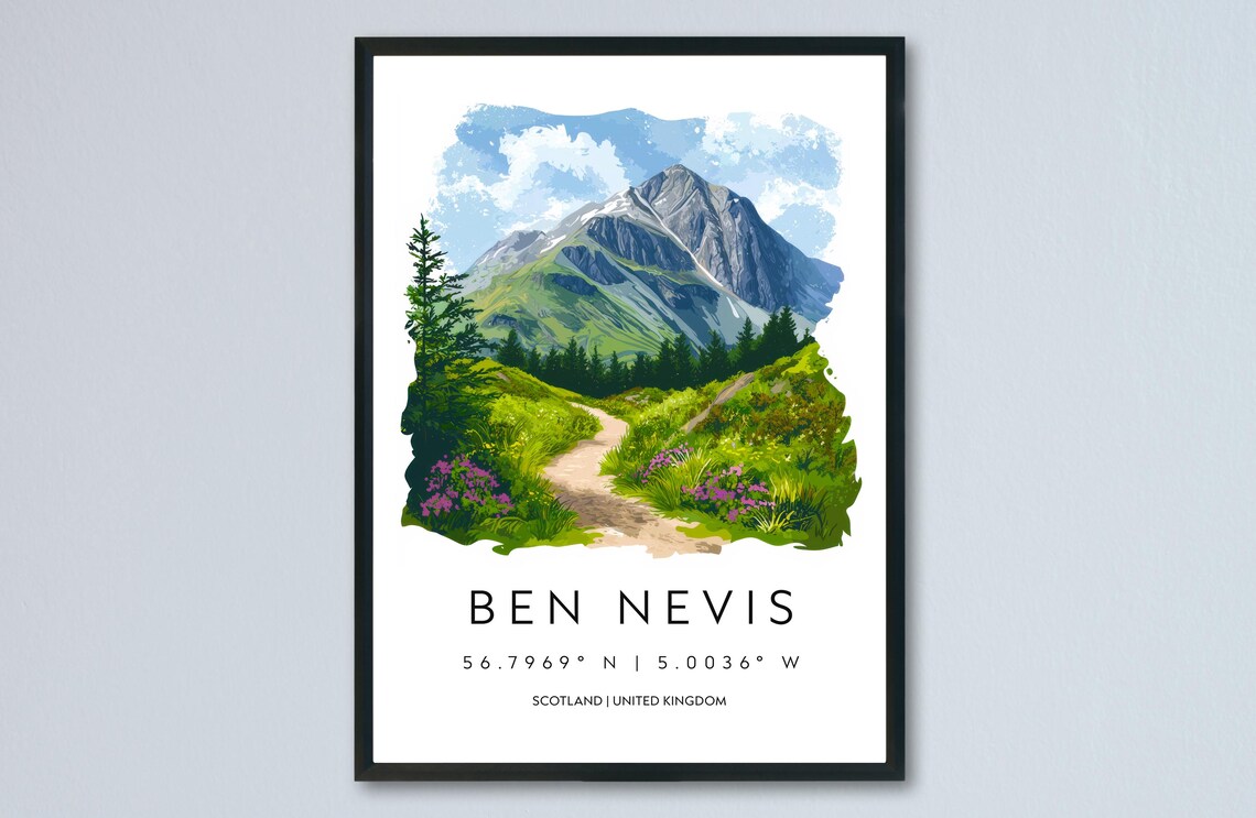 Ben Nevis Scotland Mountain Trail Wildflower Watercolor Poster