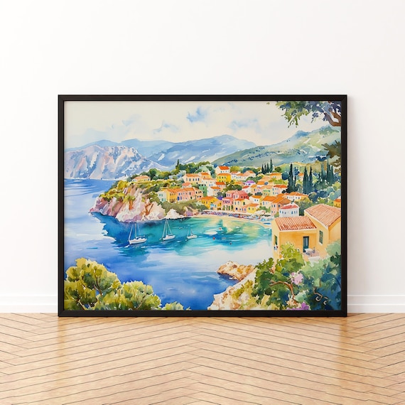 Kefalonia Seaside Town Sailboats Harbor Coast Watercolor Poster